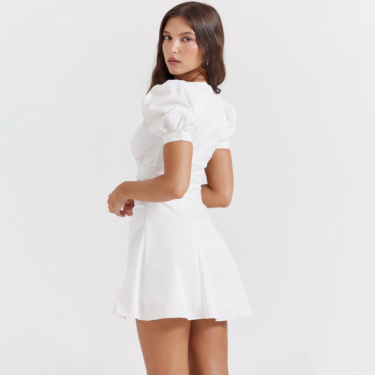 Super Quality Summer Women Elegant Square Neck Puff Sleeve Short Ruched White Dress Cotton Casual Mini Office Dress Luxury CB