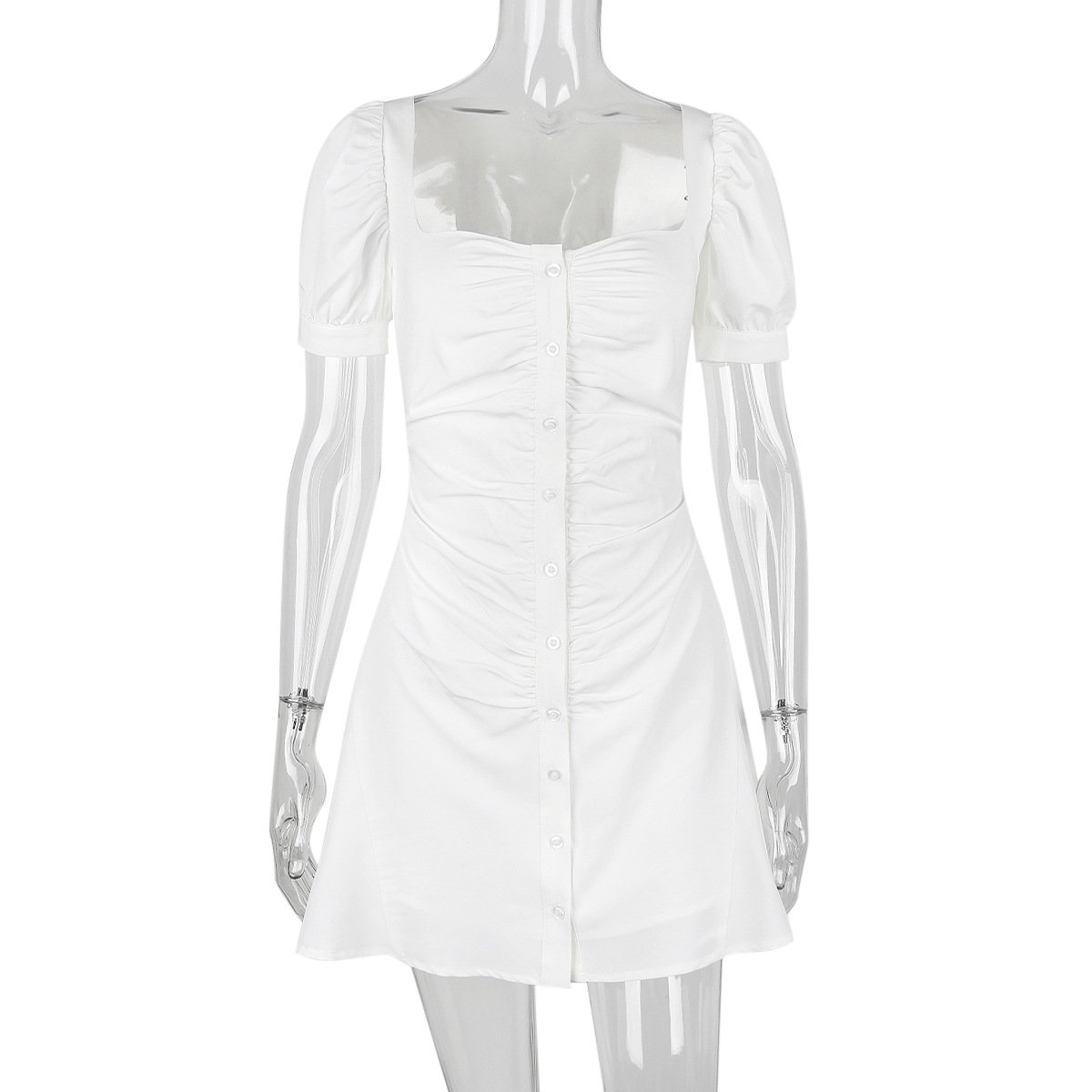 Super Quality Summer Women Elegant Square Neck Puff Sleeve Short Ruched White Dress Cotton Casual Mini Office Dress Luxury CB