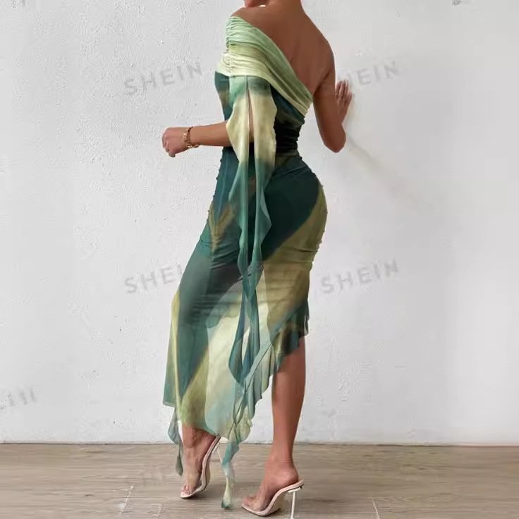 Off Shoulder Strapless Sexy Dress Ruffles Lace Bodycon Dress Tie Dye Printed Dress for Women
