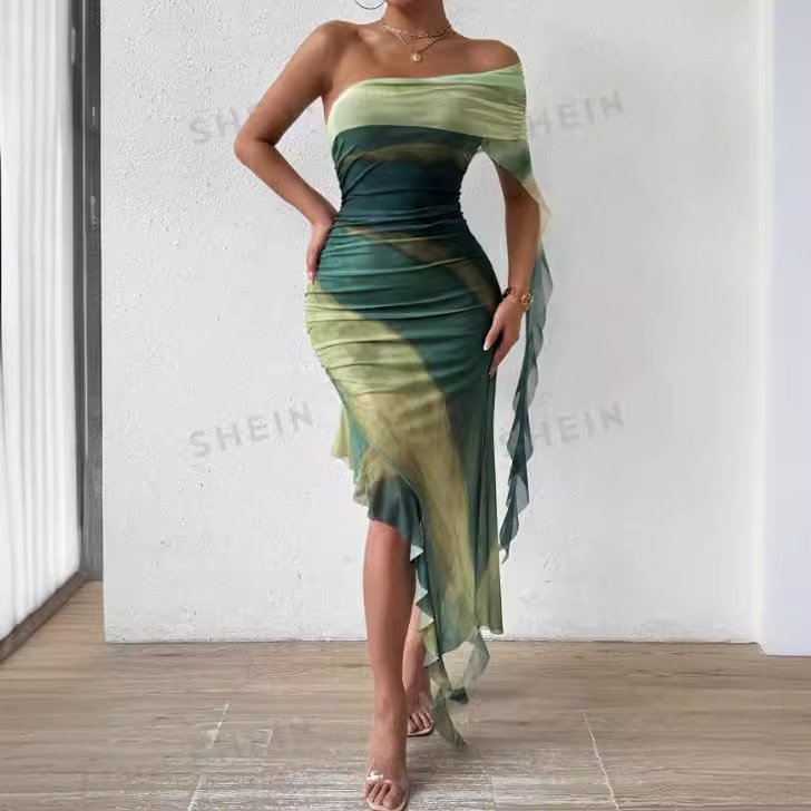 Off Shoulder Strapless Sexy Dress Ruffles Lace Bodycon Dress Tie Dye Printed Dress for Women