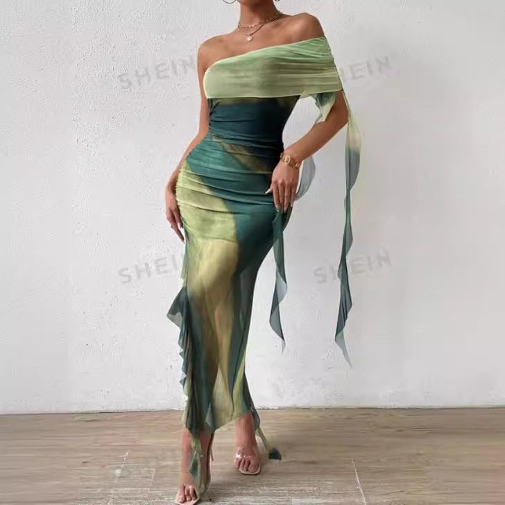 Off Shoulder Strapless Sexy Dress Ruffles Lace Bodycon Dress Tie Dye Printed Dress for Women