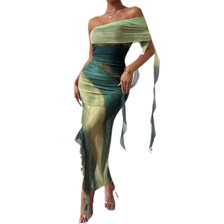Off Shoulder Strapless Sexy Dress Ruffles Lace Bodycon Dress Tie Dye Printed Dress for Women