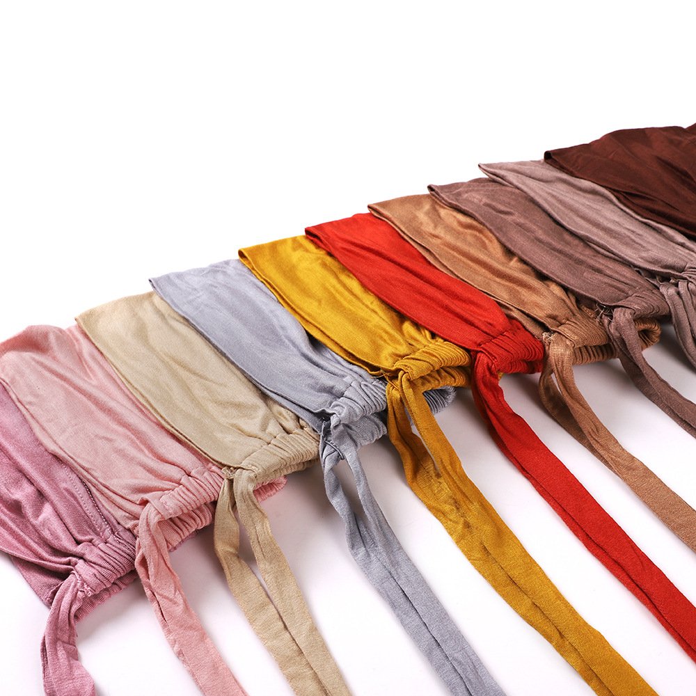 Custom Under Scarf Hat Hijab Cap With Tie Rope Solid Color Bonnets Undercap Turban Women Satin Silk Inner Lined Undercap Hijab