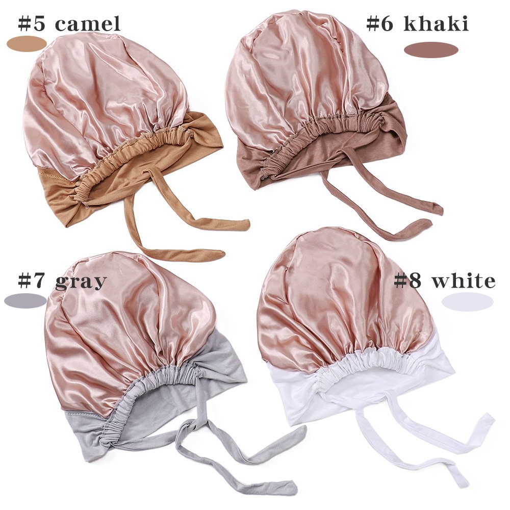 Custom Under Scarf Hat Hijab Cap With Tie Rope Solid Color Bonnets Undercap Turban Women Satin Silk Inner Lined Undercap Hijab