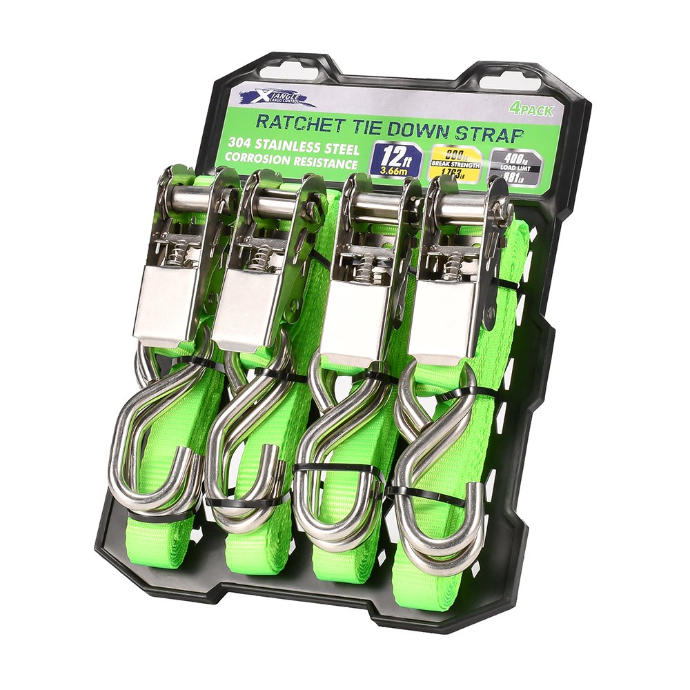 Premium Quality 4 pk 1 inch stainless steel ratchet tie down straps with s hook