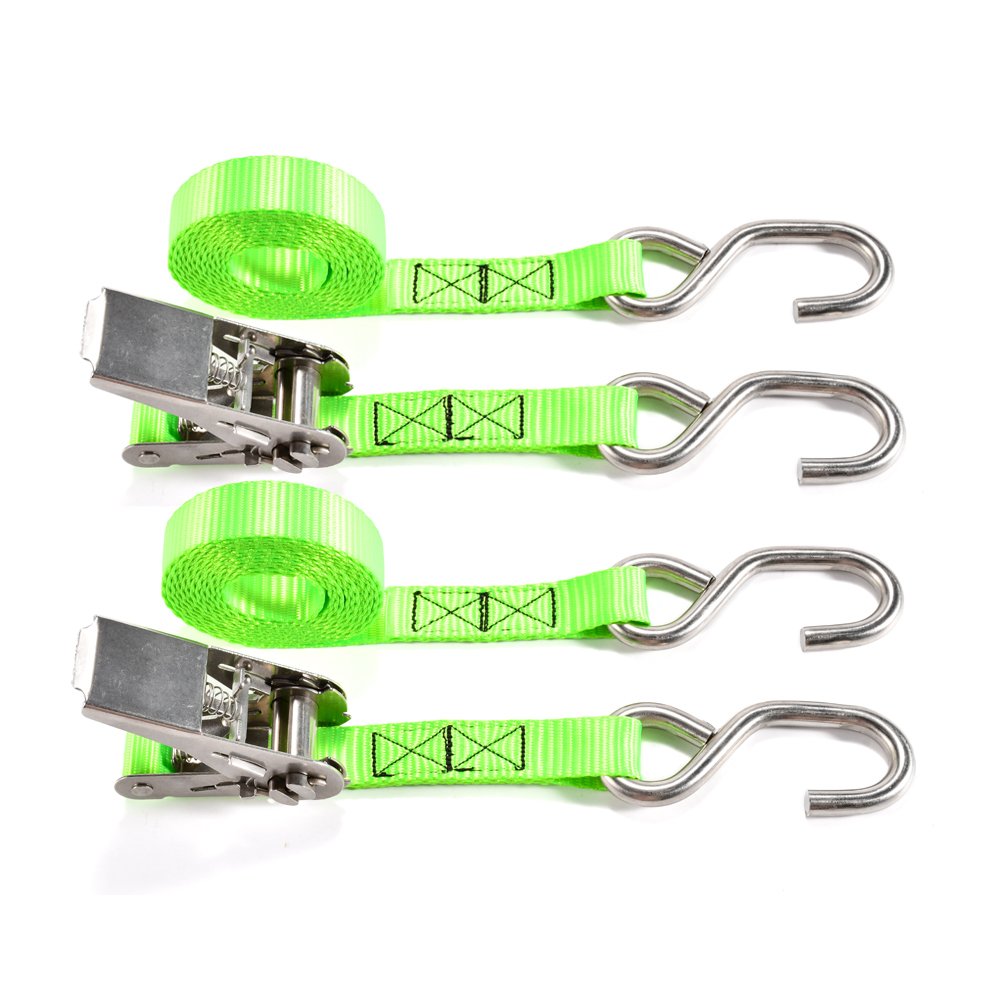 Premium Quality 4 pk 1 inch stainless steel ratchet tie down straps with s hook