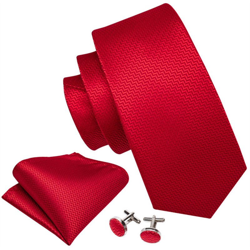 Business Fashion Classic Red Striped Jacquard Woven Silk Men's Tie Handkerchief Cufflinks Set For Men Business or Wedding Gift