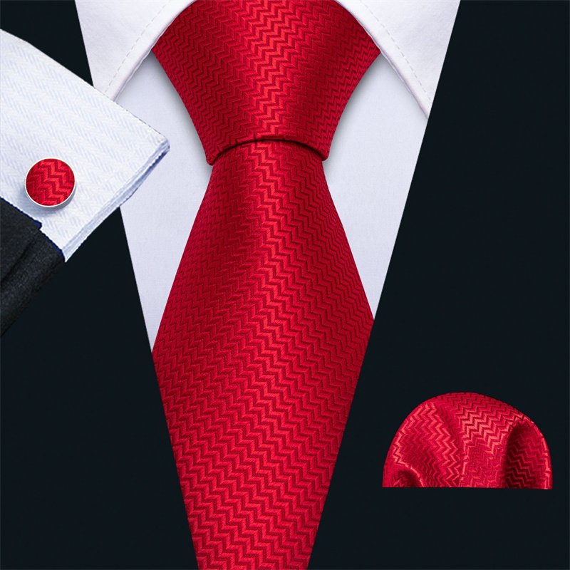 Business Fashion Classic Red Striped Jacquard Woven Silk Men's Tie Handkerchief Cufflinks Set For Men Business or Wedding Gift