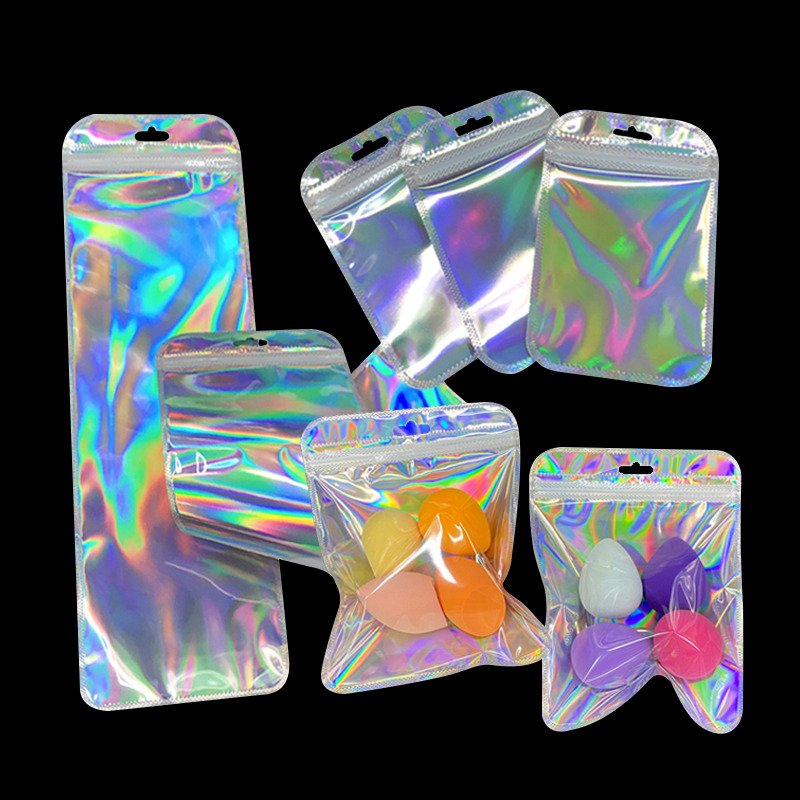 One Side Transparent holographic ziplock Packaging Small Zipper lock Mylar Hologram Bags With Logo
