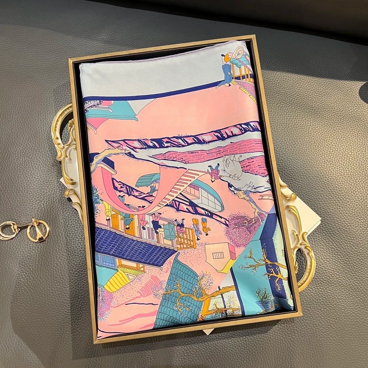 16MM 100% Silk Print Scarf 88*88CM Of Water town temperament For Women