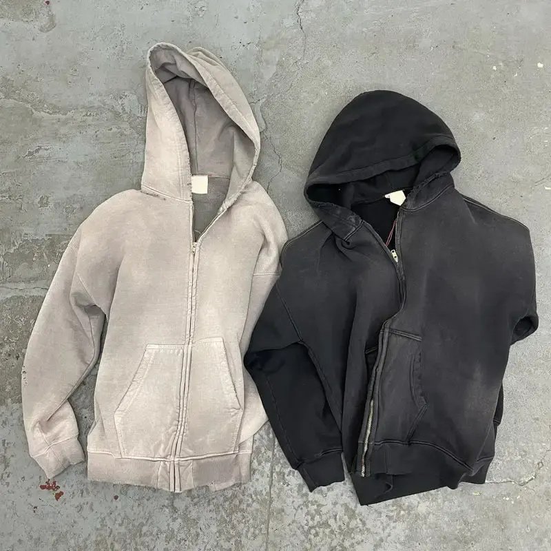 NA Custom Vintage Distressed Patch Embroidered Tie Dye Hoodie Oversized French Terry Zip Acid Washed Sun-Faded Hoodie