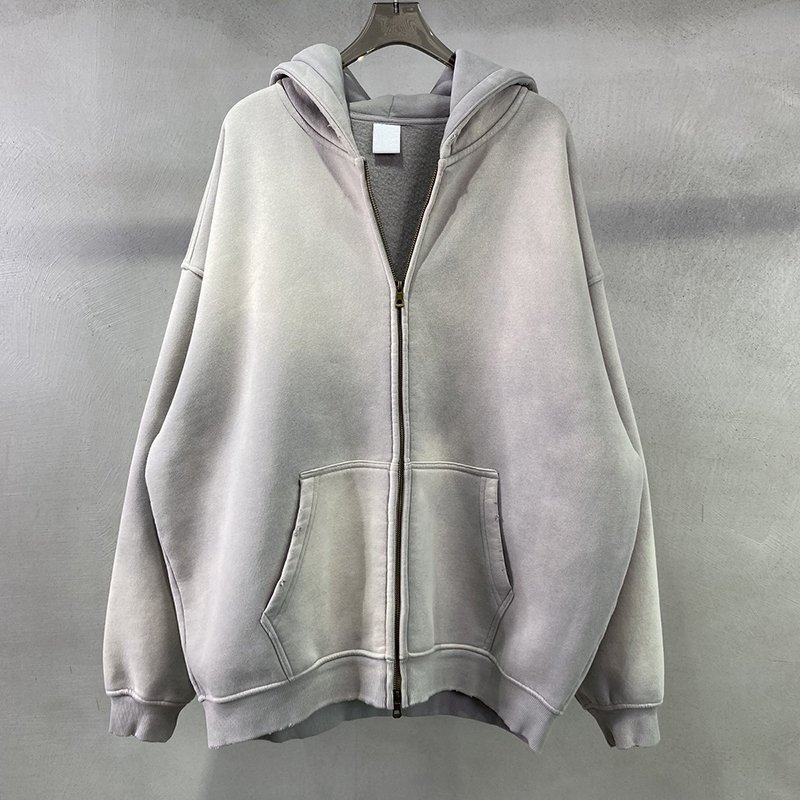 YSJY Wholesale Custom Streetwear Blank Zip Up Vintage Double Layer Acid Wash Sun Faded Hoodies For Men