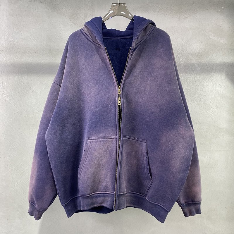 YSJY Wholesale Custom Streetwear Blank Zip Up Vintage Double Layer Acid Wash Sun Faded Hoodies For Men