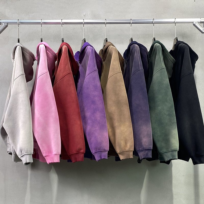 YSJY Wholesale Custom Streetwear Blank Zip Up Vintage Double Layer Acid Wash Sun Faded Hoodies For Men