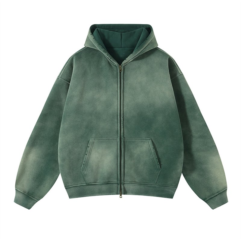 YSJY Wholesale Custom Streetwear Blank Zip Up Vintage Double Layer Acid Wash Sun Faded Hoodies For Men