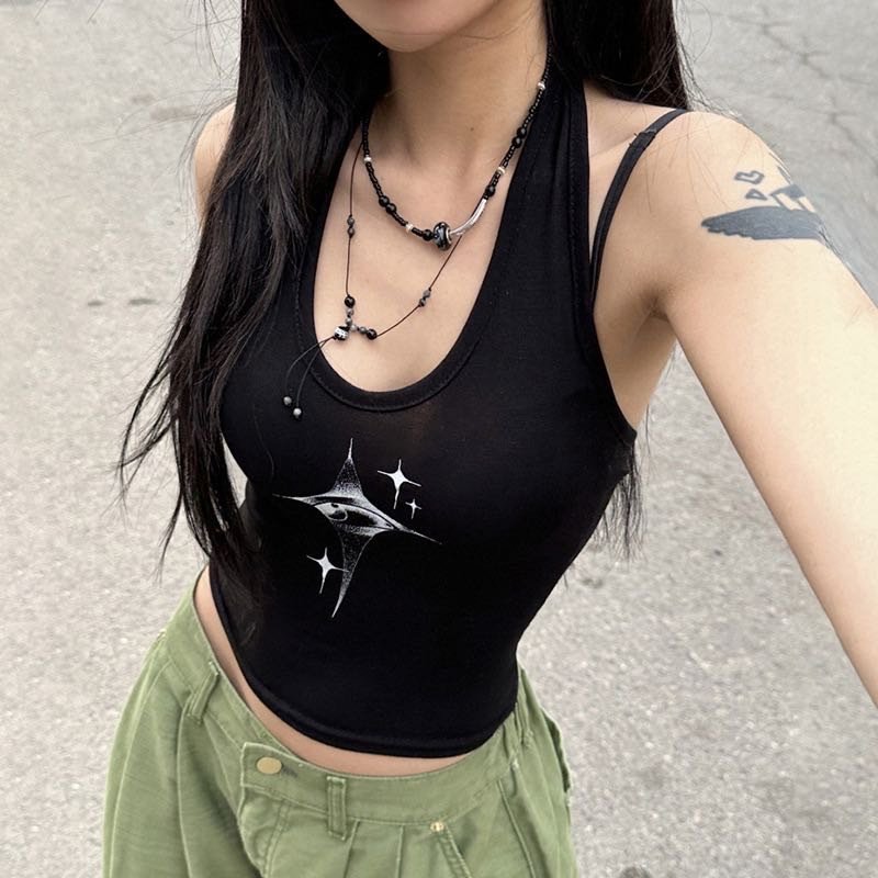 2023 Summer New Women's U-neck Tight Short Print Hanging Neck Tank Top Crop top