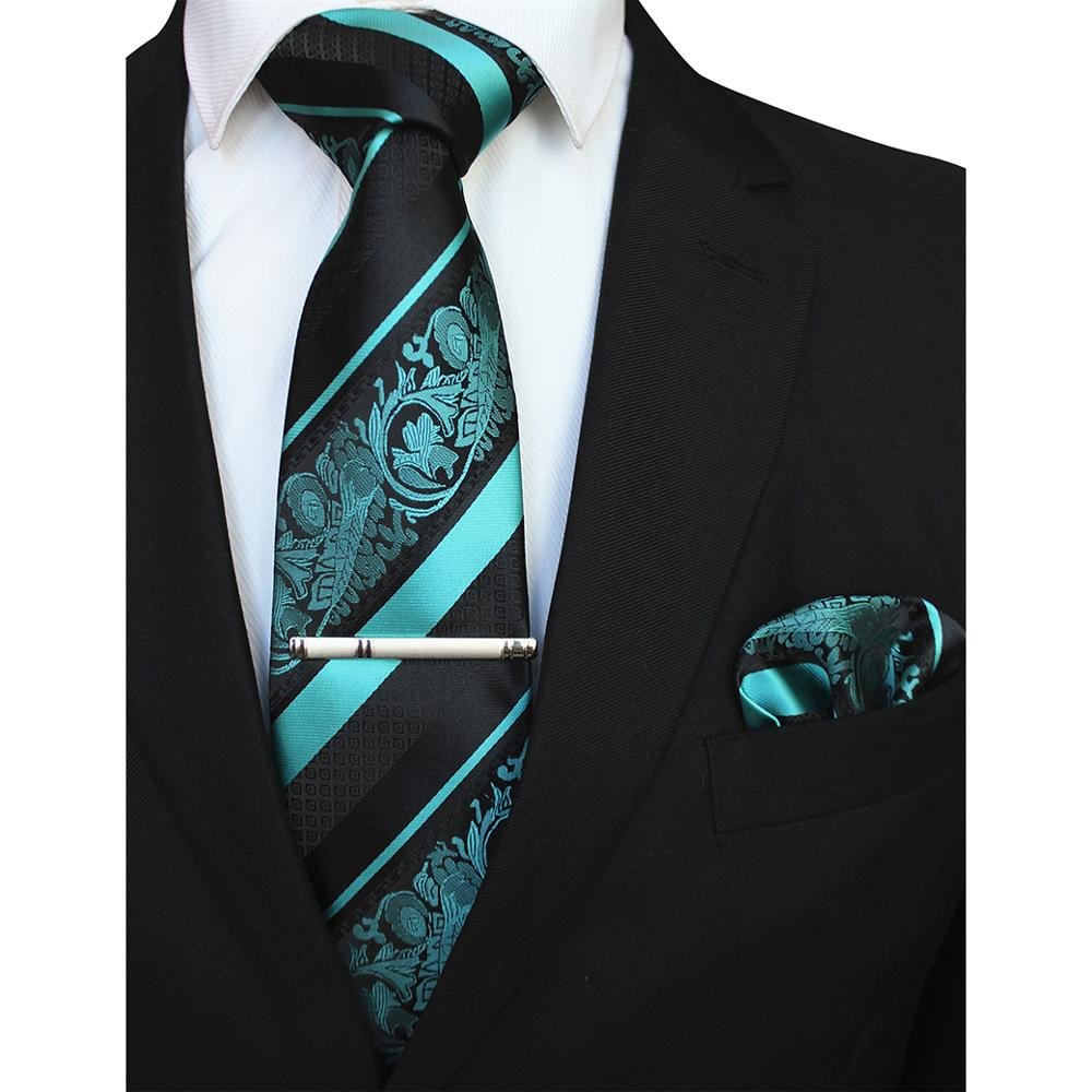 Striped Floral Men Ties Pocket Square Tie Clip Set Red God Green Silk Necktie