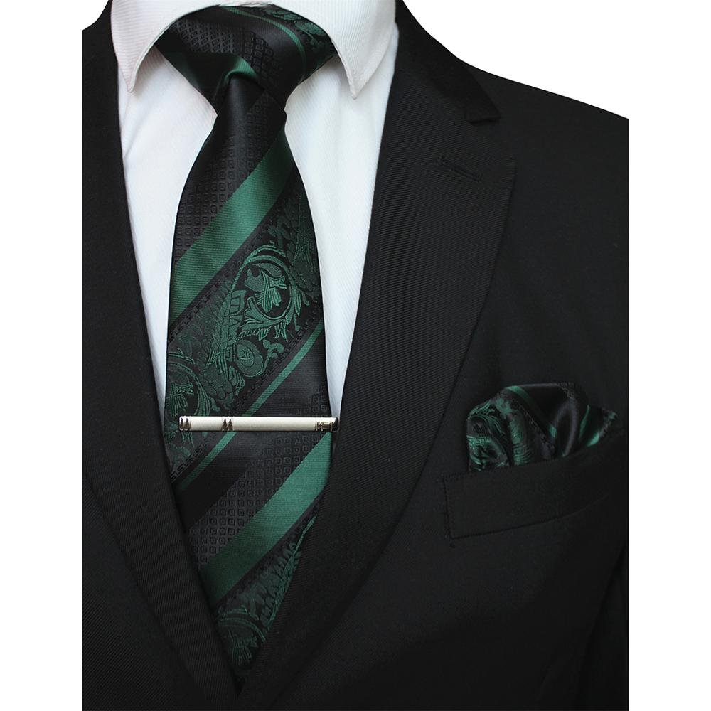 Striped Floral Men Ties Pocket Square Tie Clip Set Red God Green Silk Necktie