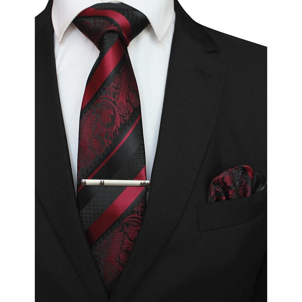 Striped Floral Men Ties Pocket Square Tie Clip Set Red God Green Silk Necktie