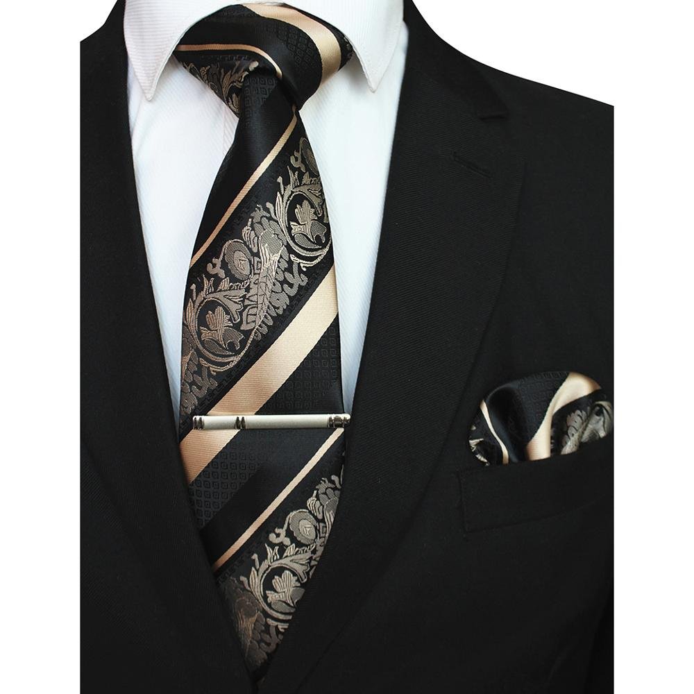 Striped Floral Men Ties Pocket Square Tie Clip Set Red God Green Silk Necktie