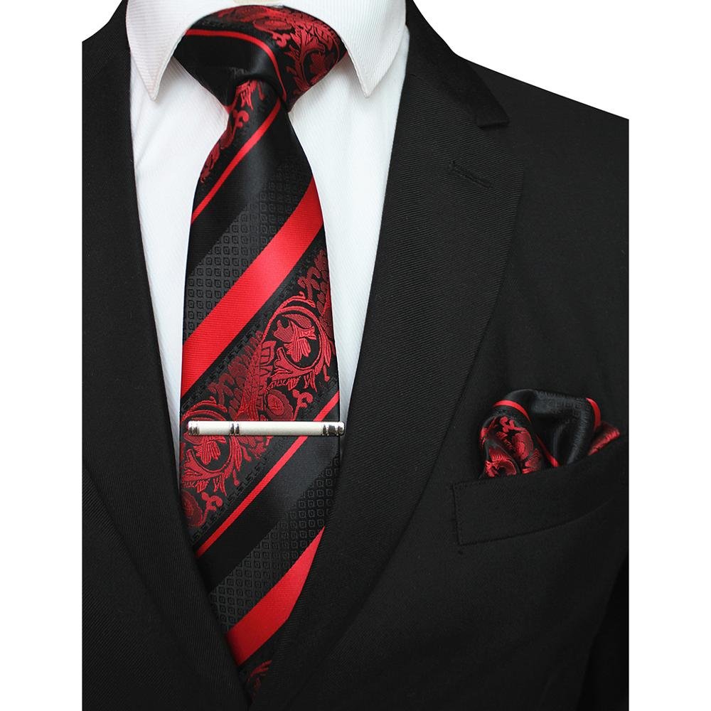 Striped Floral Men Ties Pocket Square Tie Clip Set Red God Green Silk Necktie