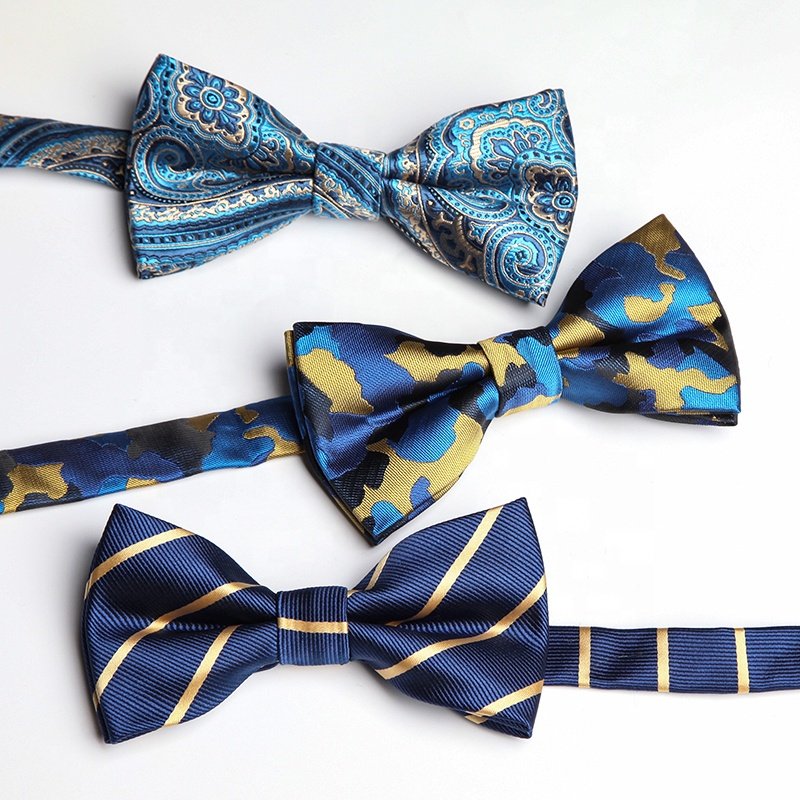 Custom available hotsale mens luxury brand woven jacquard striped neck bow british navy stripe ties boy pre-tied bowtie for men