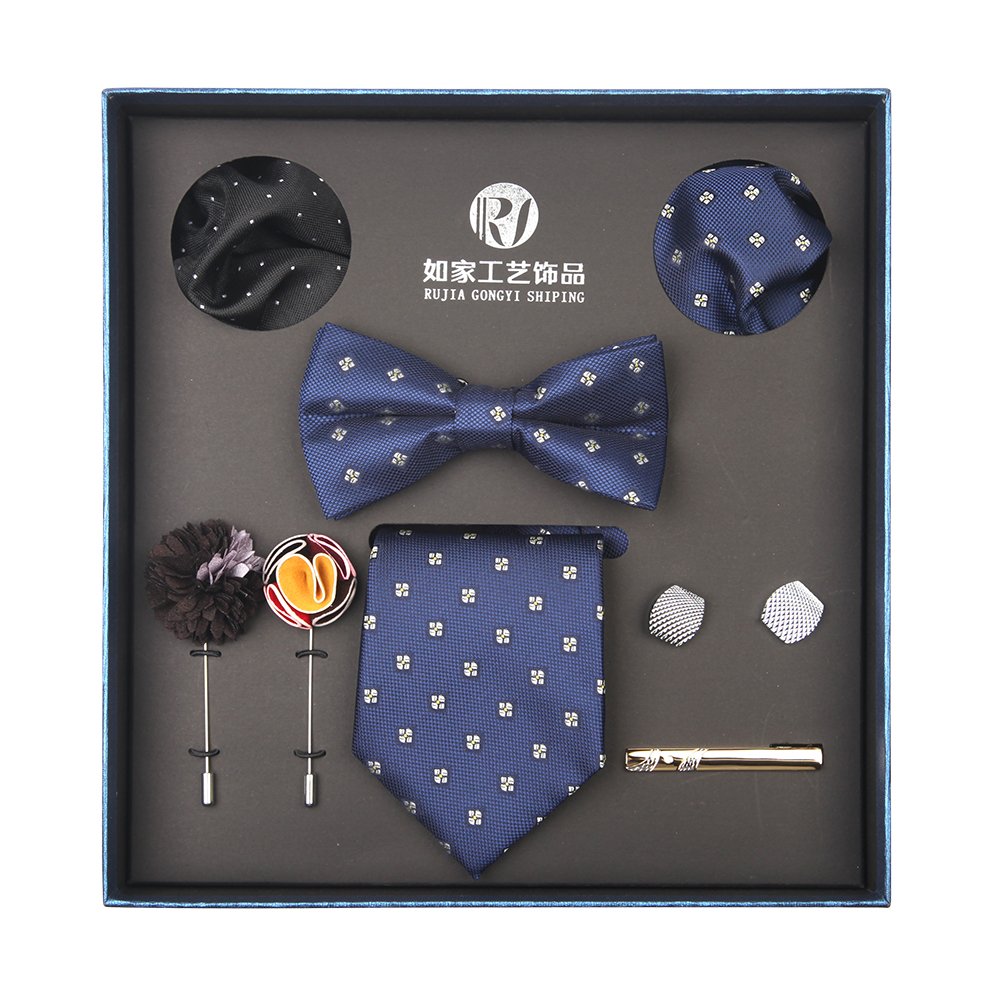 Classic Navy White Flower Men's Suit Accessory Set Including Necktie Bowtie Lapel Pin Cufflink Tie Bar Pocket Square Gift Box