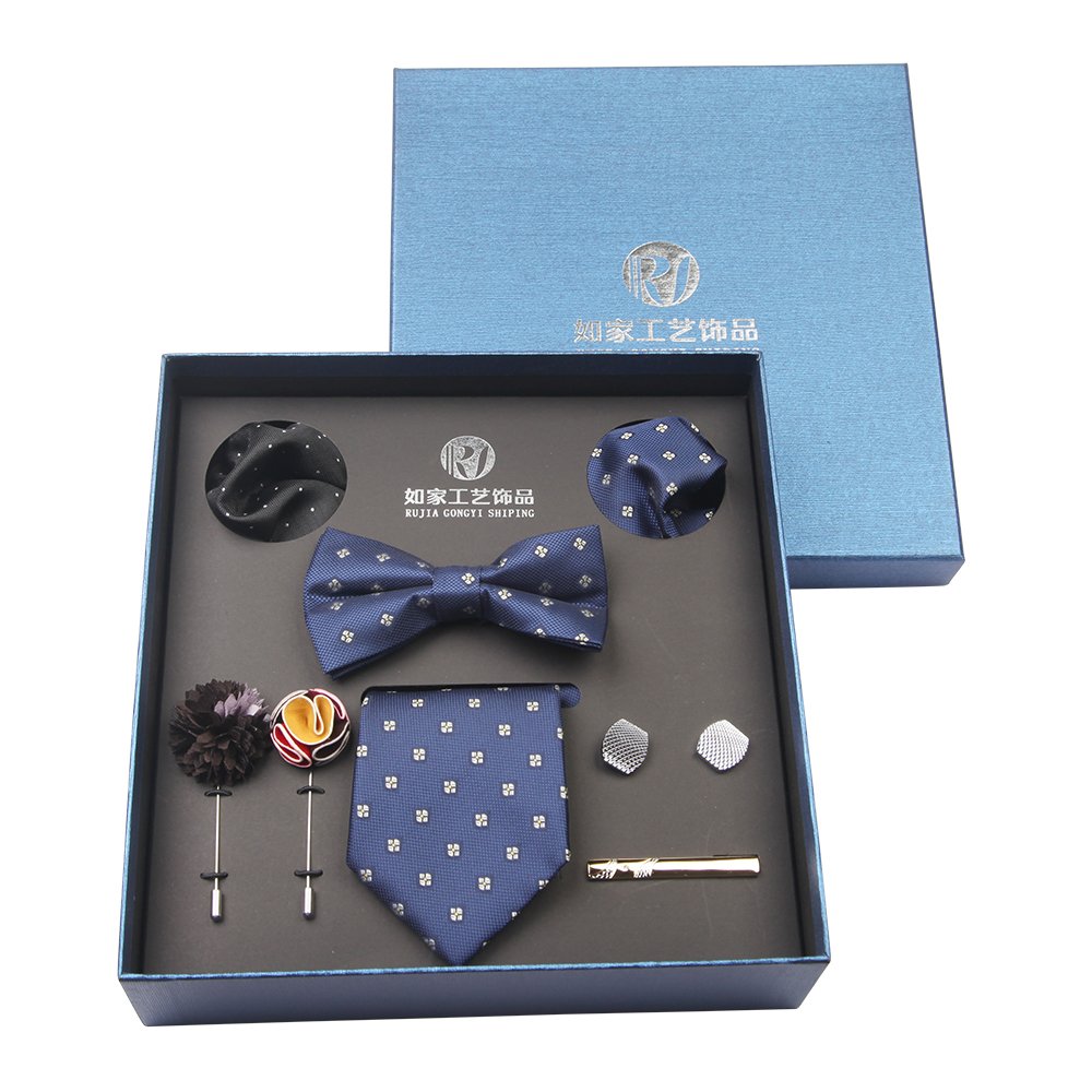 Classic Navy White Flower Men's Suit Accessory Set Including Necktie Bowtie Lapel Pin Cufflink Tie Bar Pocket Square Gift Box