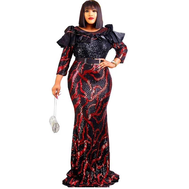 African Dresses for Women 2023 Lady Elegant Glittering Evening Dress Sequin Sexy Party Gowns with Belt Luxury Clothes Plus Size