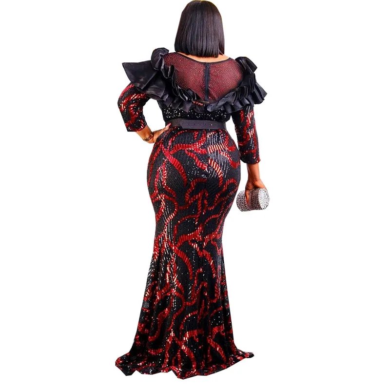 African Dresses for Women 2023 Lady Elegant Glittering Evening Dress Sequin Sexy Party Gowns with Belt Luxury Clothes Plus Size