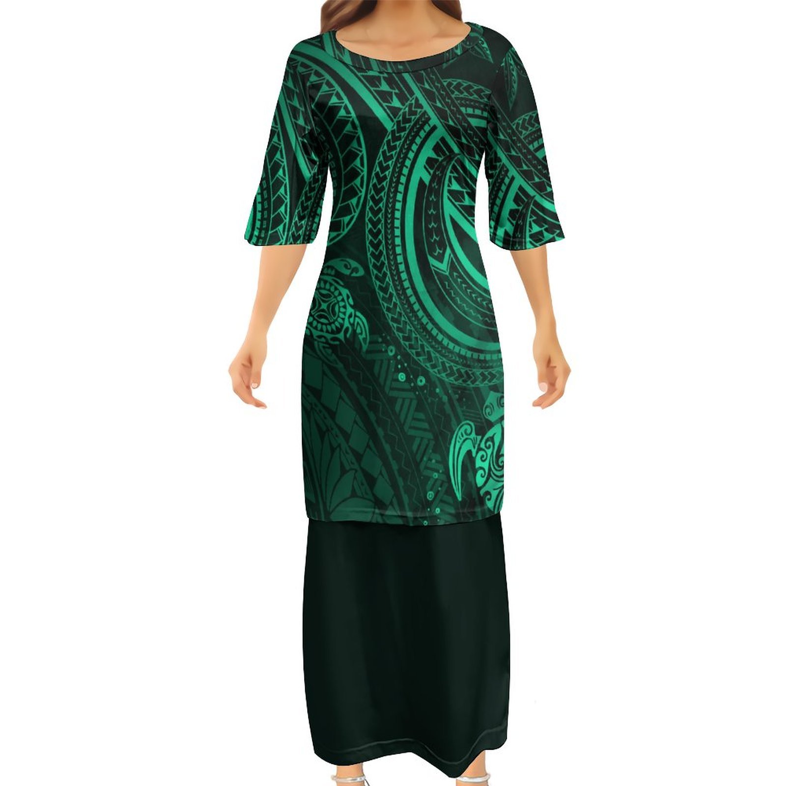 Pacific Island Traditional Dresses Women Lady Elegant Golden Blue Polynesian Tattoo Puletasi Samoa Ptaha Custom Women Clothing