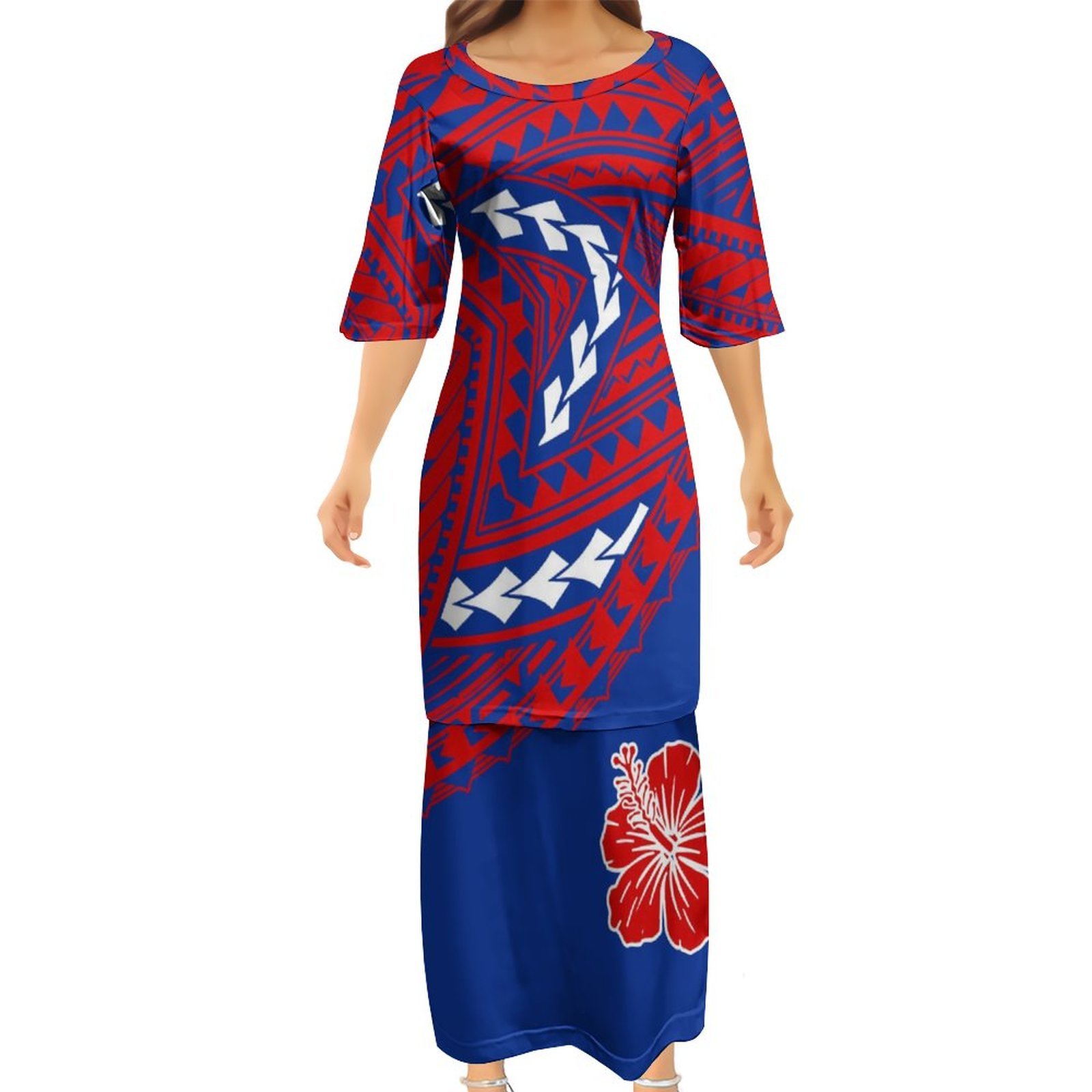 Pacific Island Traditional Dresses Women Lady Elegant Golden Blue Polynesian Tattoo Puletasi Samoa Ptaha Custom Women Clothing