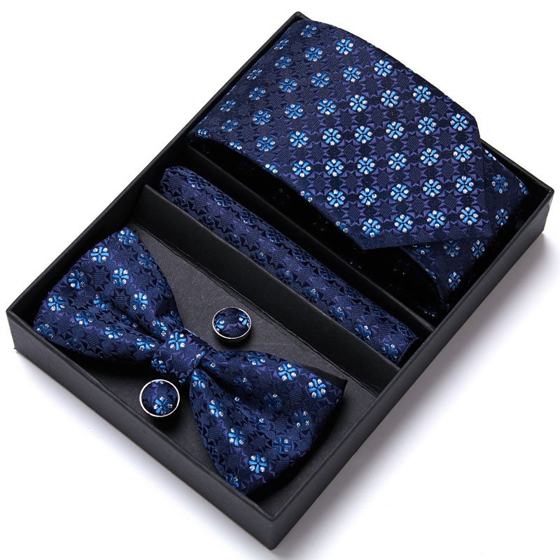 Mens Luxury Paisley Blue Silk Tie Pocket Square Cufflinks Bowtie Set in Gift Box For Men Gift