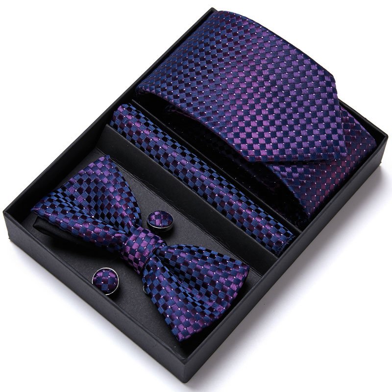 Mens Luxury Paisley Blue Silk Tie Pocket Square Cufflinks Bowtie Set in Gift Box For Men Gift