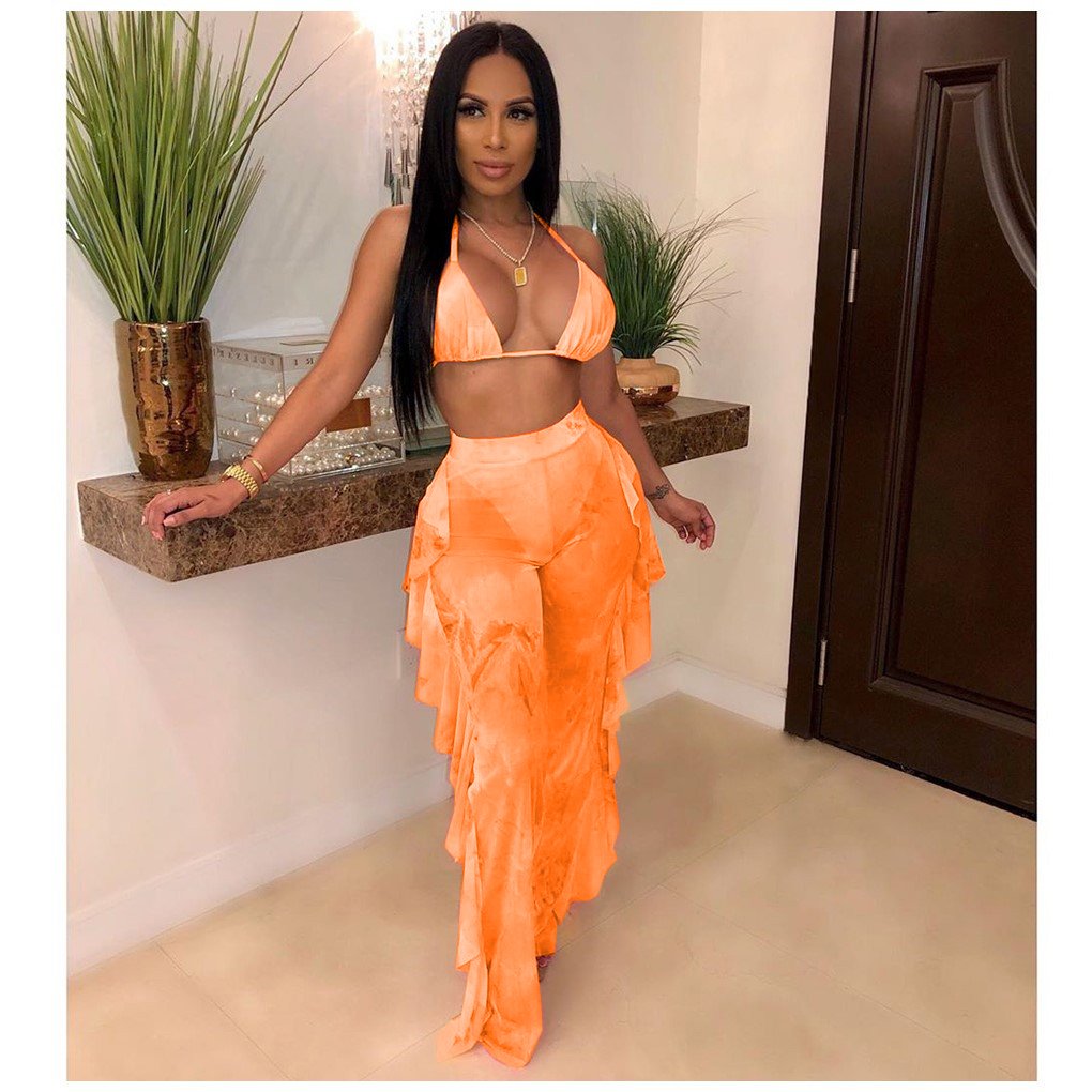 Summer Night Club Bikini Halter Sexy Swimsuits for Women 2Pcs Sheer Sexy 2024 Women Long Pant Bathing Suits