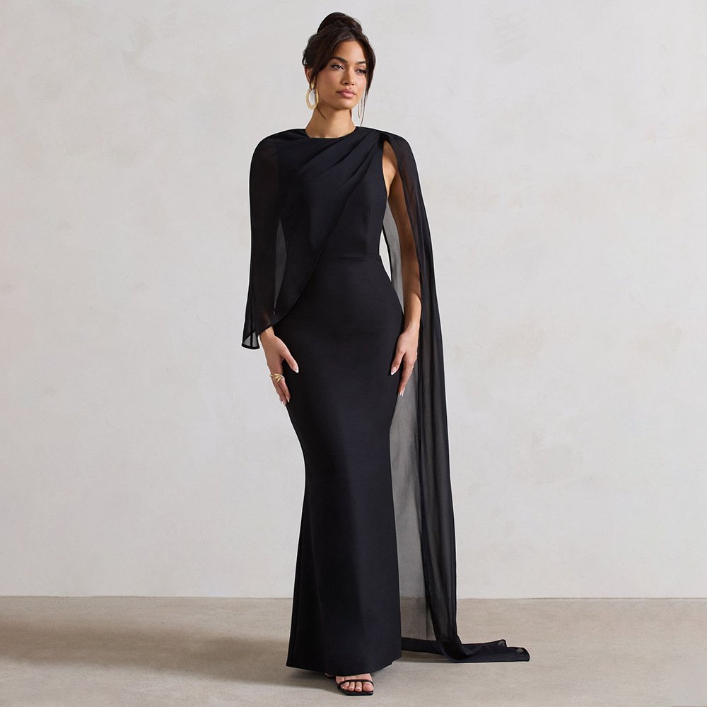 New Elegant Girl Satin Dress Splicing Sleeve Zipper up Back Prom Evening Women Dresses Long Gowns Evening Dress