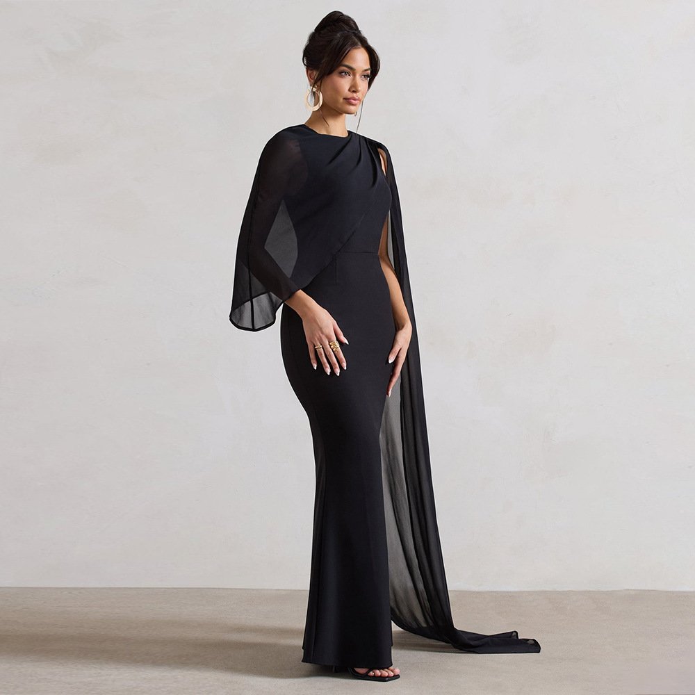 New Elegant Girl Satin Dress Splicing Sleeve Zipper up Back Prom Evening Women Dresses Long Gowns Evening Dress