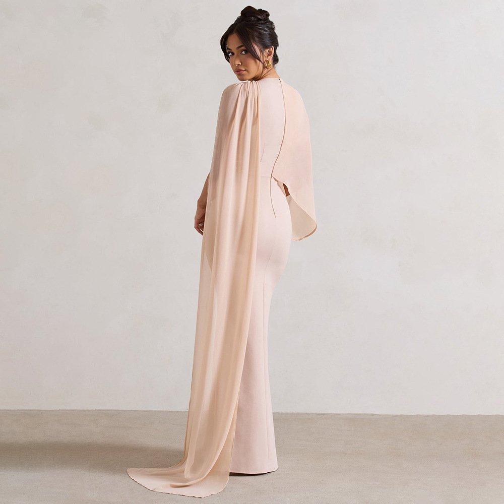 New Elegant Girl Satin Dress Splicing Sleeve Zipper up Back Prom Evening Women Dresses Long Gowns Evening Dress