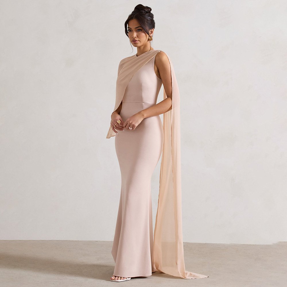 New Elegant Girl Satin Dress Splicing Sleeve Zipper up Back Prom Evening Women Dresses Long Gowns Evening Dress