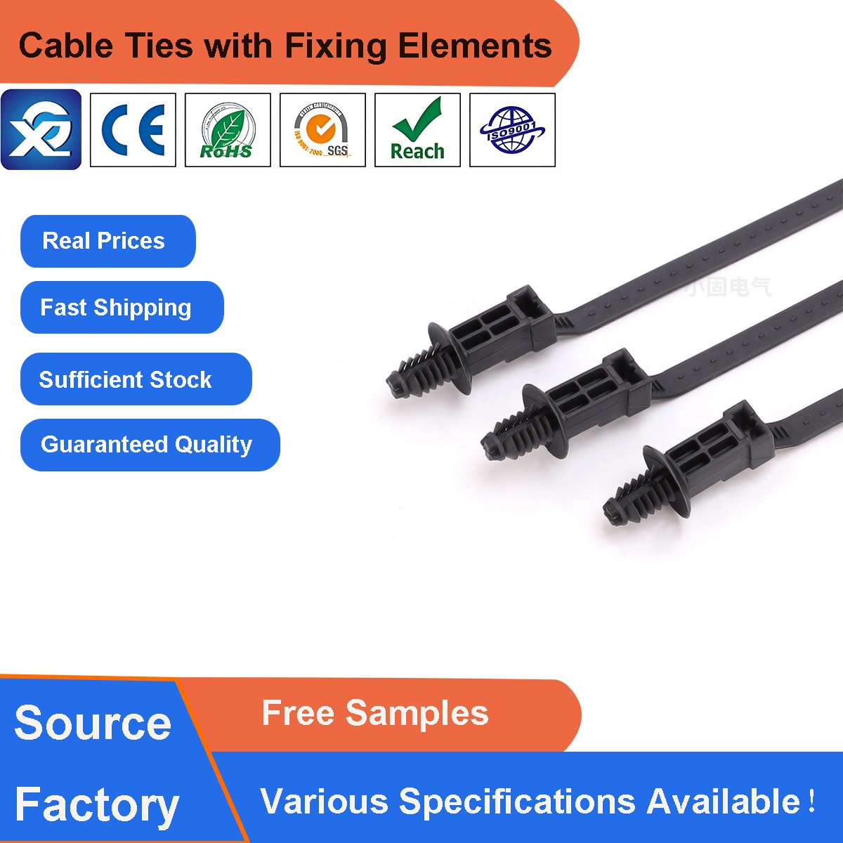 6.4*190mm Cable Zip Ties for Round Holes with Fir Tree Head and Disc and Stand-off