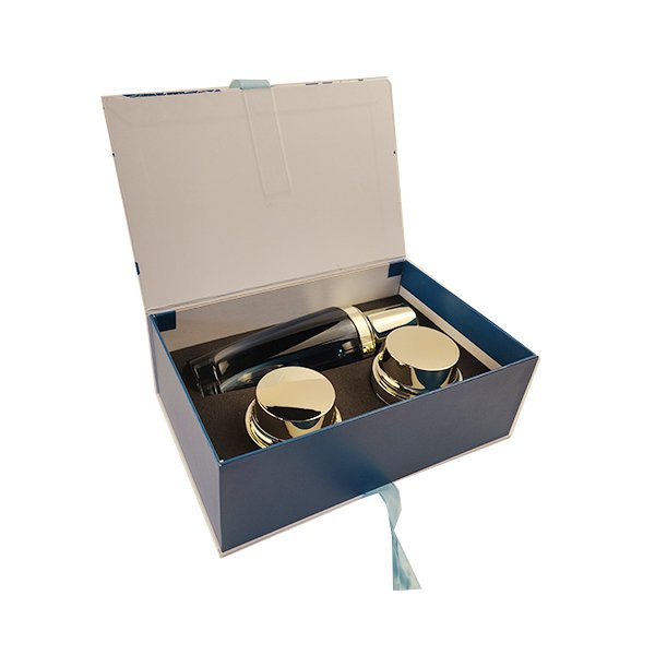 Custom luxury cosmetics rigid boxes with foil stamping logo skincare sets ribbon tie makeup sets rigid boxes