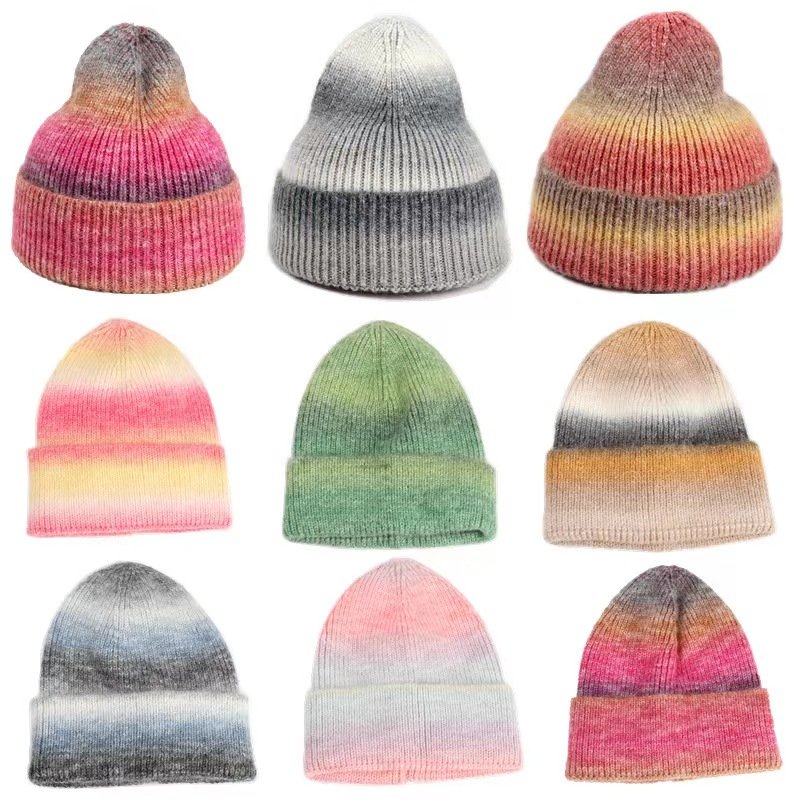 High quality new tie-dye gradient knitted hat unisex Rainbow thick wool striped beanie hat