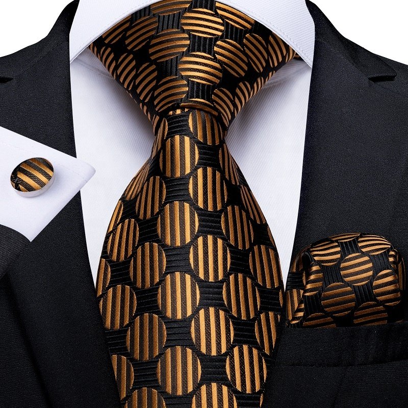 Wholesale High Quality Jacquard Black Gold Silk Tie Men Neckties with Pocket Square