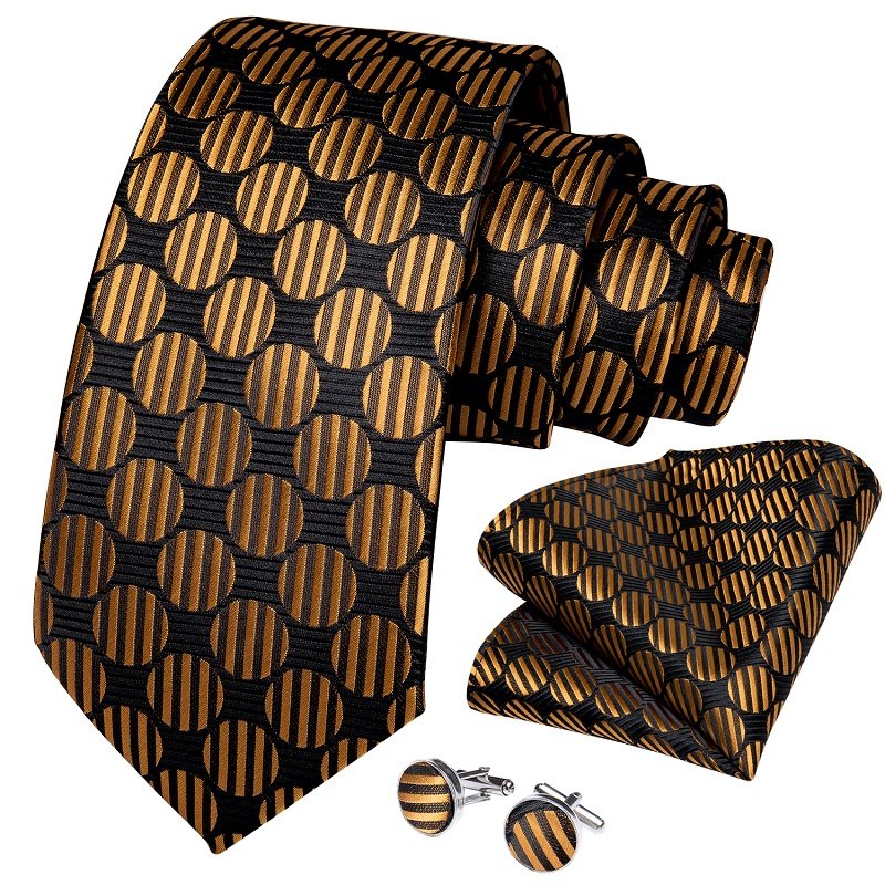 Wholesale High Quality Jacquard Black Gold Silk Tie Men Neckties with Pocket Square