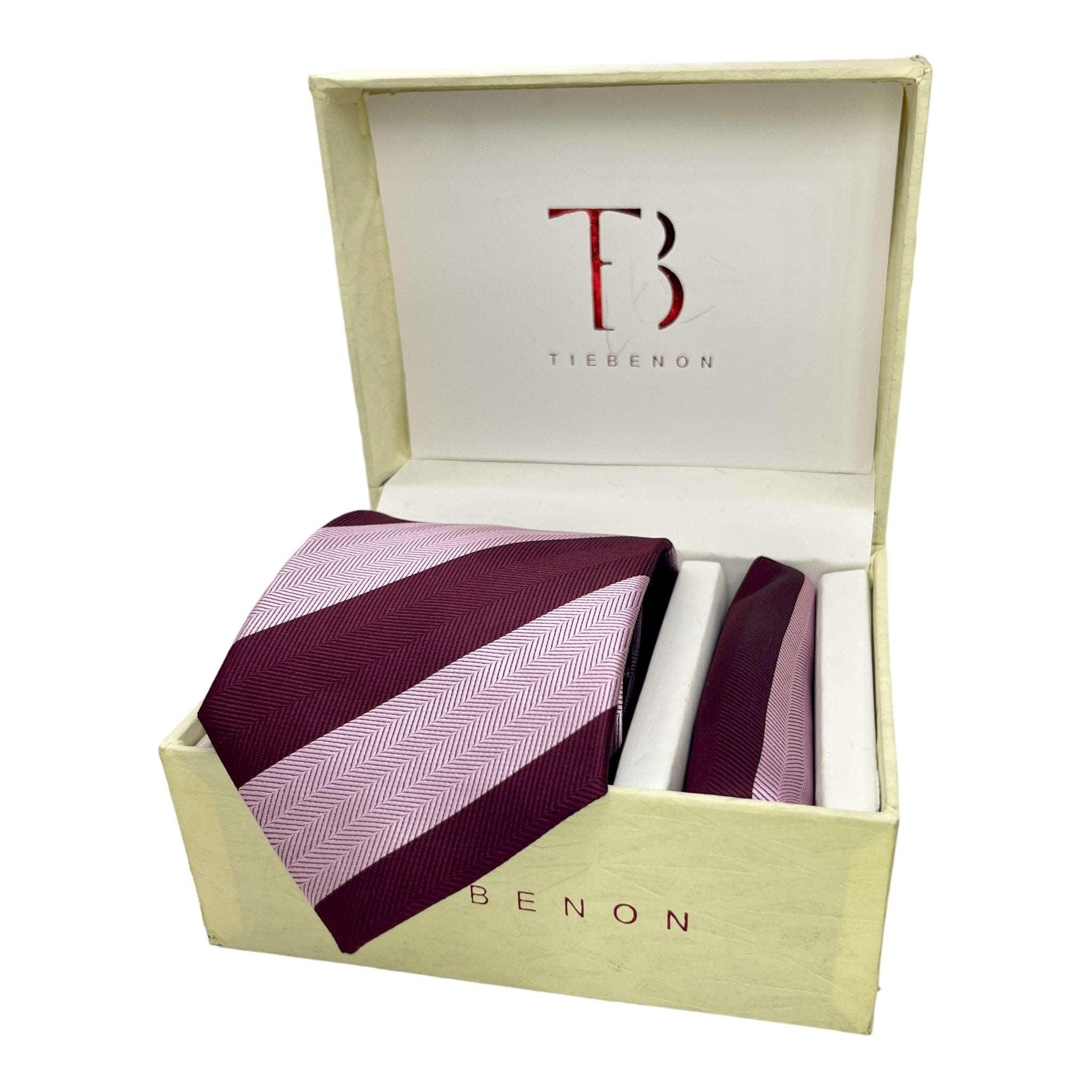 Blush Pink And Wine Herringbone Stripe Tie And Pocket Square Combo