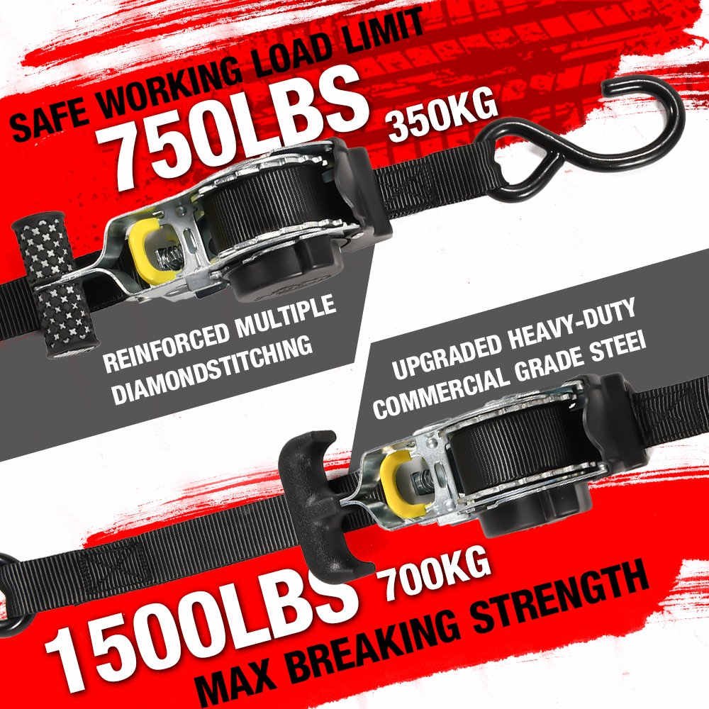 Dropshipping 4pk 1" x 3m 700kg Break Strength Self Retracting Auto Retractable Ratchet Tie Down Strap with S Hook
