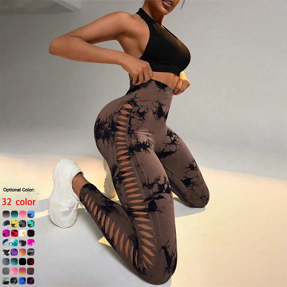 Sports tights long pants seamless high-waisted fitness hollow sexy tie dye yoga shorts high waist leggings