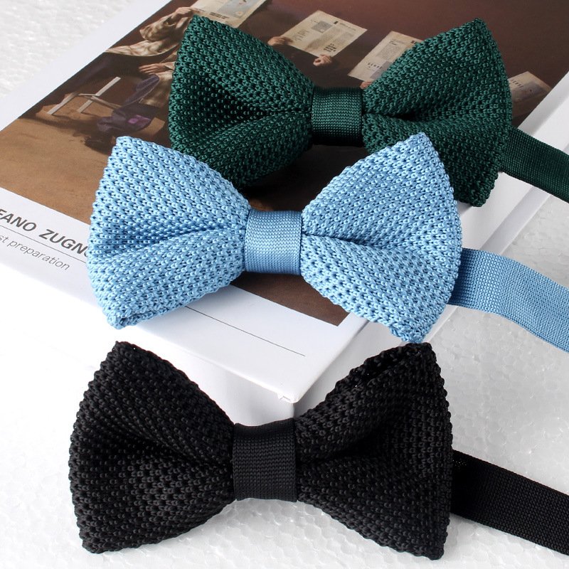 Men's solid color knitted bow tie formal wedding fashion business casual bow tie adjustable double-layer knitted bow tie