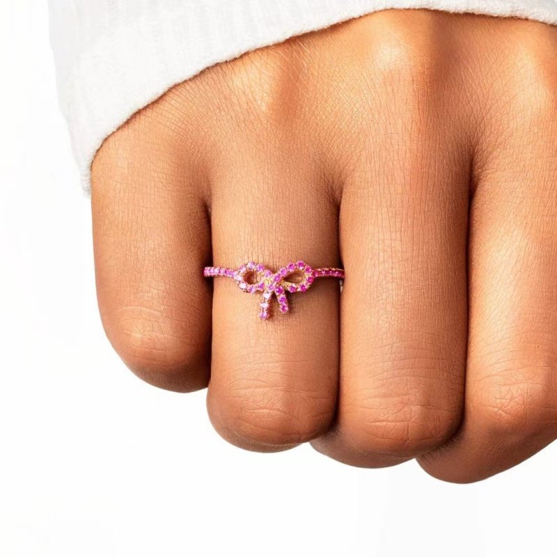 Hot Sales S925 Sterling Silver Tie Kont Pink Bow Ring Trendy Delicate Ribbon Bow Cubic Zirconia Luxury Wedding Rings for Women