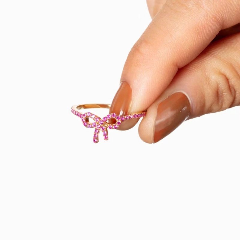 Hot Sales S925 Sterling Silver Tie Kont Pink Bow Ring Trendy Delicate Ribbon Bow Cubic Zirconia Luxury Wedding Rings for Women